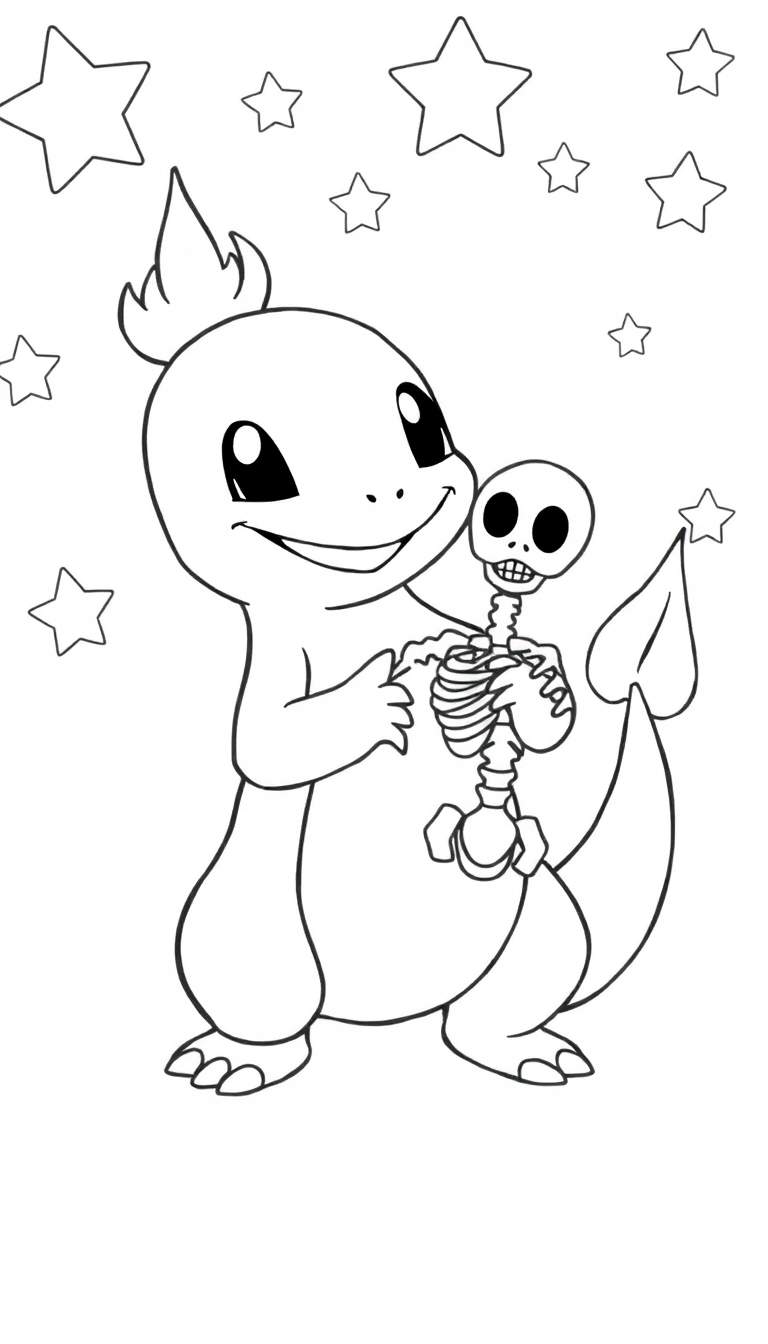 Charmander die een skeletje vasthoudt, omringd door sterren. Kleurplaat.