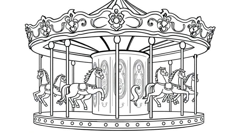 Kleurplaat van een kermis draaimolen met paarden, decoraties en patronen.
