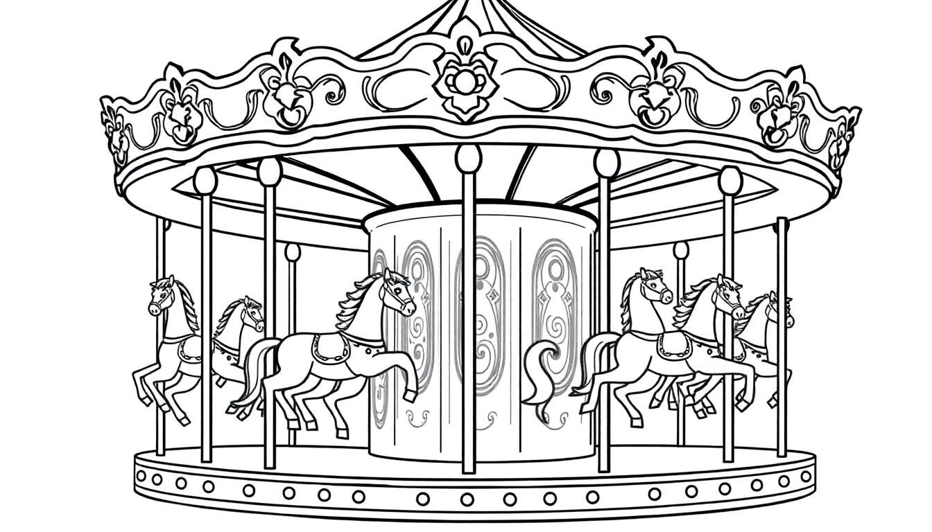 Kleurplaat van een kermis draaimolen met paarden, decoraties en patronen.