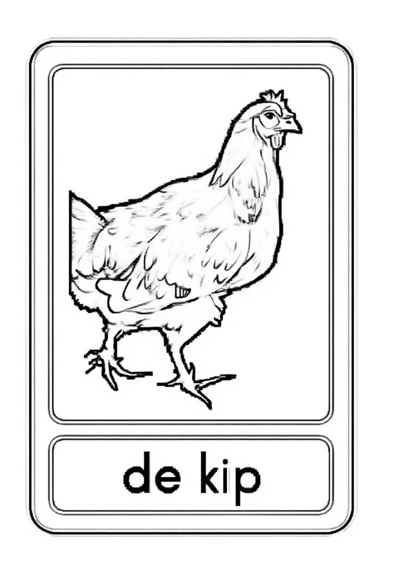 Zwart-wit kleurplaat van een kip met de tekst 'de kip' eronder, geschikt voor educatieve doeleinden.