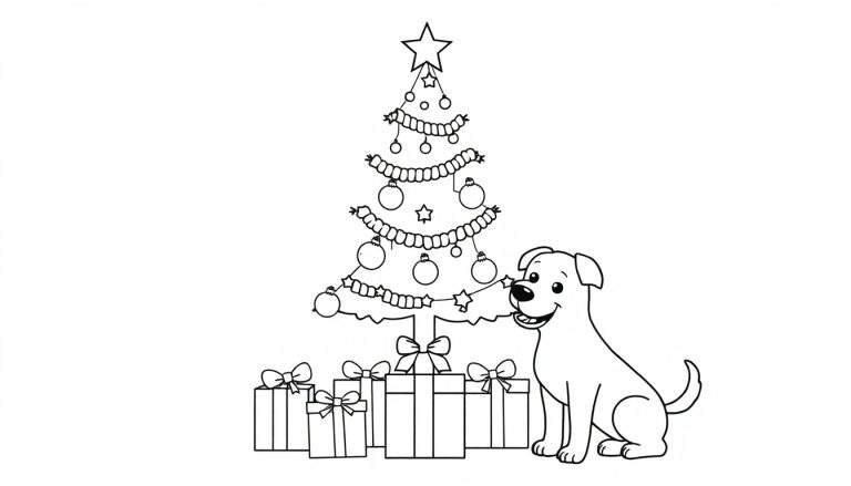Zwart-wit lijntekening van een kerstboom met cadeaus en een blije hond, ideaal als kleurplaat.