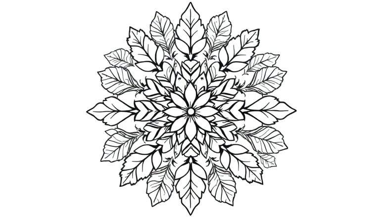 Kleurplaat van een herfst mandala met bladeren en een bloem in het midden, zwart-wit, symmetrisch patroon.