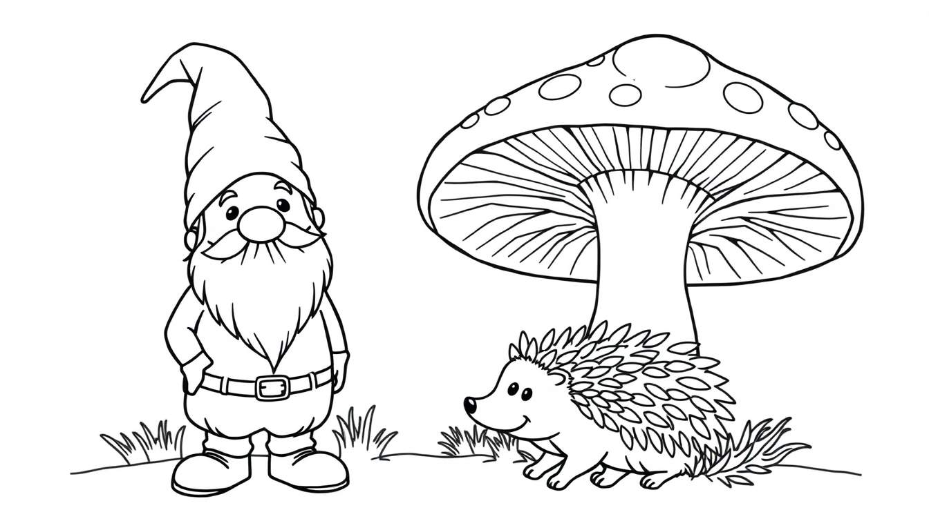 Kleurplaat van een kabouter die bij een herfst paddenstoel staat, met een egeltje ernaast.