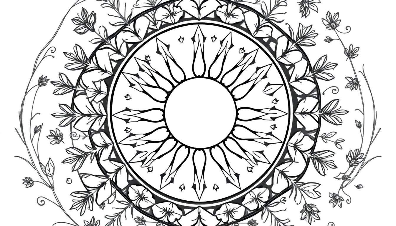 Zwart-wit mandala kleurplaat met bloemen, bladeren en een centraal rondje.
