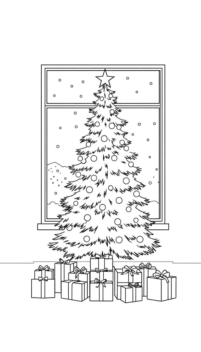 Kleurplaat van een kerstboom in een woonkamer met cadeaus eronder en sneeuw buiten het raam.