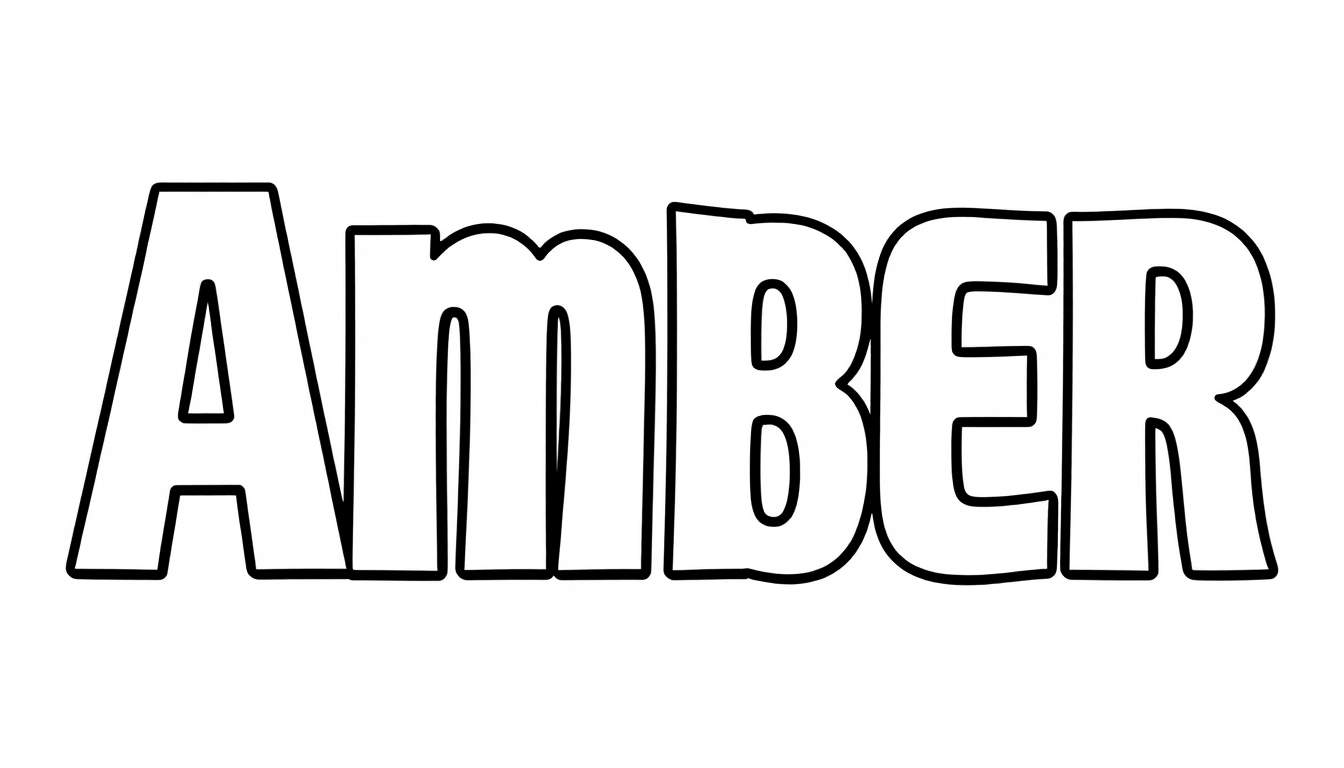 Kleurplaat van het woord AMBER in dikke, zwarte letters met lege kernen op een witte achtergrond.