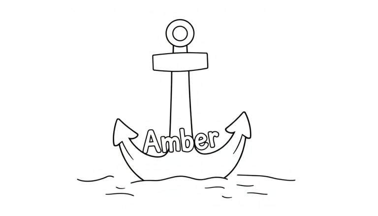 Kleurplaat van een anker met de naam 'Amber' erop, drijvend in het water.