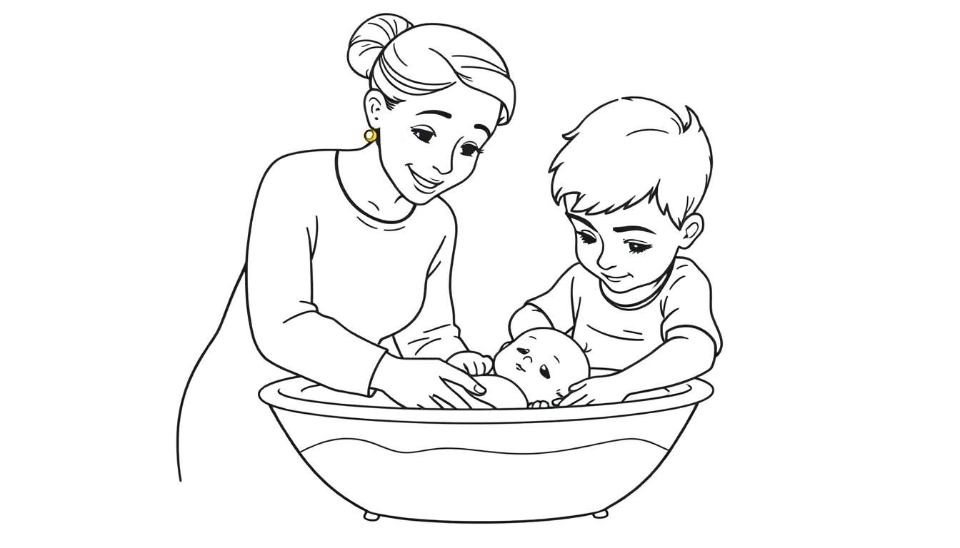Kleurplaat van een kraamverzorgster, een jongetje van 2 jaar en een baby die samen badderen.