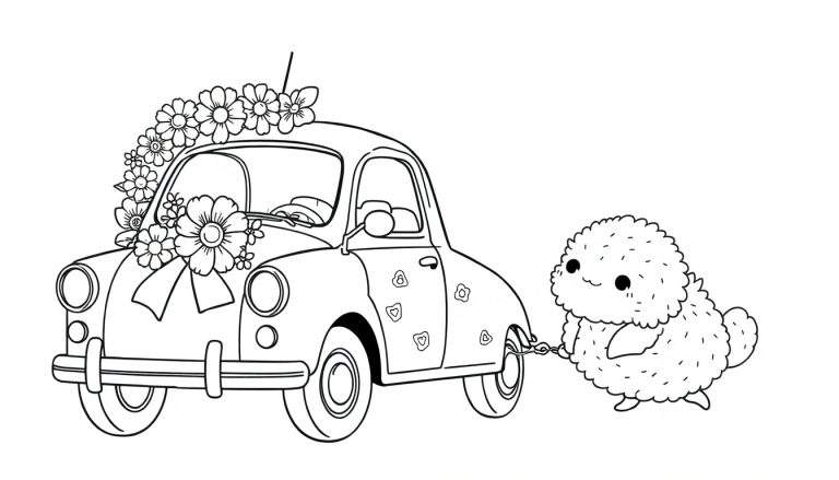 Kleurplaat van een klassieke auto versierd met bloemen en een strik, getrokken door een schattig pluizig wezentje met een kettinkje.