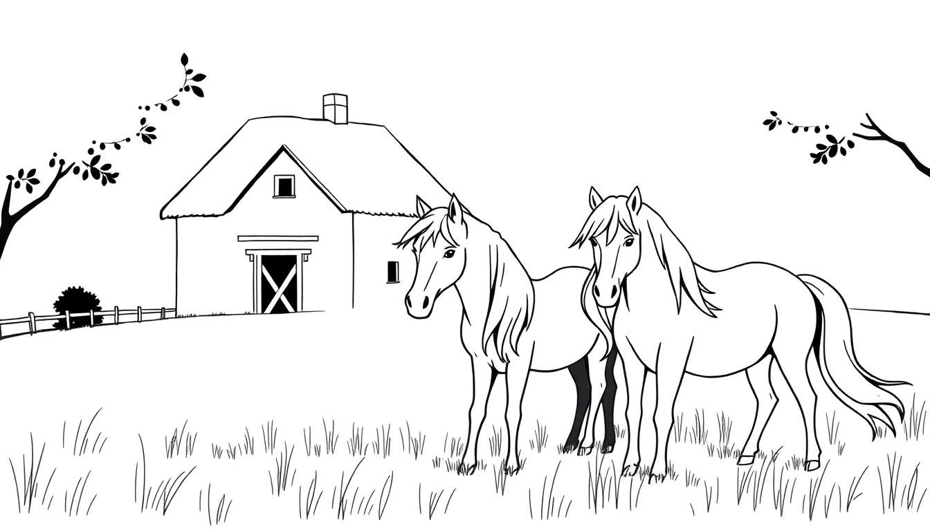 Zwart-wit kleurplaat van een boerderij met rieten dak, schuifdeur, twee paarden in het gras, bomen en een hek.