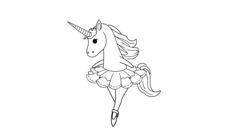 Kleurplaat van een schattige eenhoorn die een roze ballet tutu draagt en op spitzen staat, met vleugels.