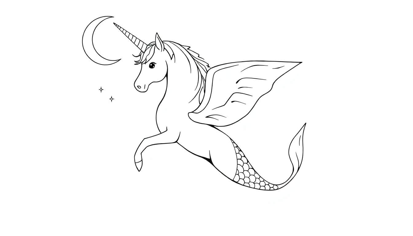 Kleurplaat van een wezen met een paardenlichaam, eenhoornhoorn, visstaart, vleugels, zwevende halve maan en sterren.