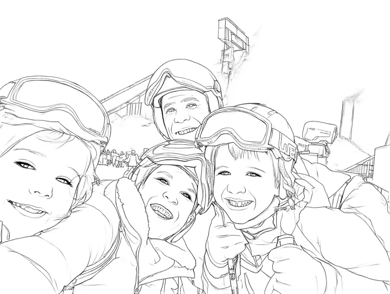 Kleurplaat van een gelukkige familie op wintersport met skihelmen, skibrillen en vrolijke gezichten, met een skigebied op de achtergrond.