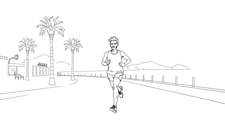 Kleurplaat van een hardloper in een tropische omgeving, met palmbomen en een marathonoontje.