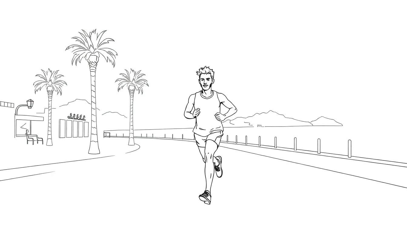 Kleurplaat van een hardloper in een tropische omgeving, met palmbomen en een marathonoontje.