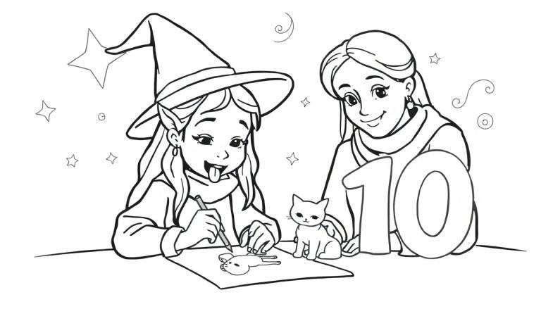 Kleurplaat van een heksje dat een kat tekent en deze tot leven tovert, met een lachend ander meisje en het cijfer 10.