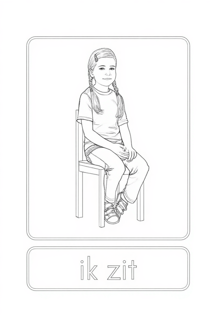 Zwart-wit tekening van een jong meisje met twee vlechten, zittend op een stoel met gevouwen handen en gekruiste voeten, lachend naar voren kijkend. De tekst 'ik zit' is zichtbaar.