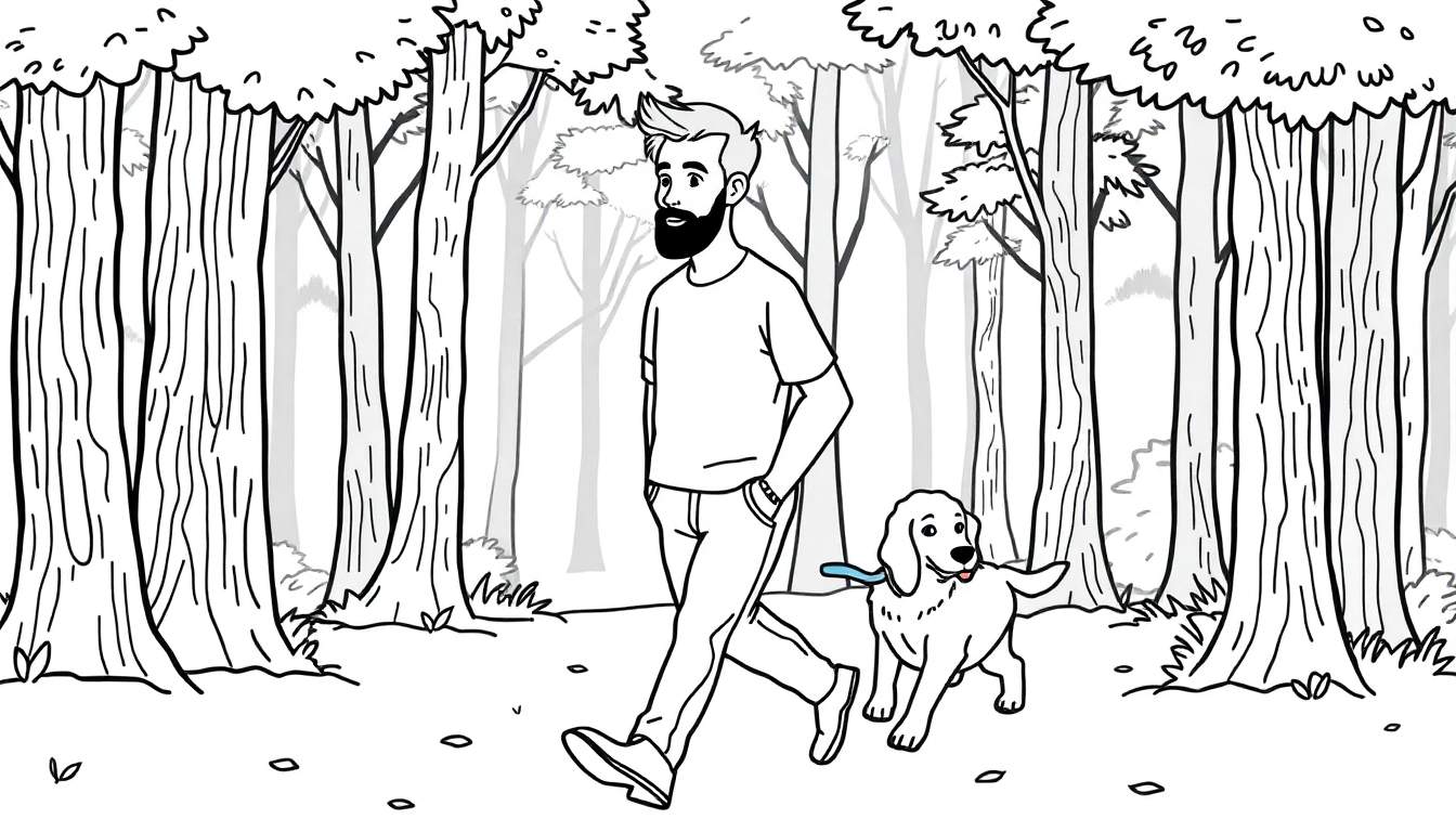 Kleurplaat van een jonge man met baard en kuifje die met zijn Curly Coated Retriever door een bos loopt.