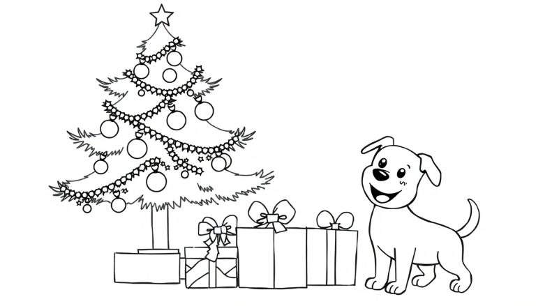 Kleurplaat van een kerstscène met een kerstboom, cadeaus en een hond.