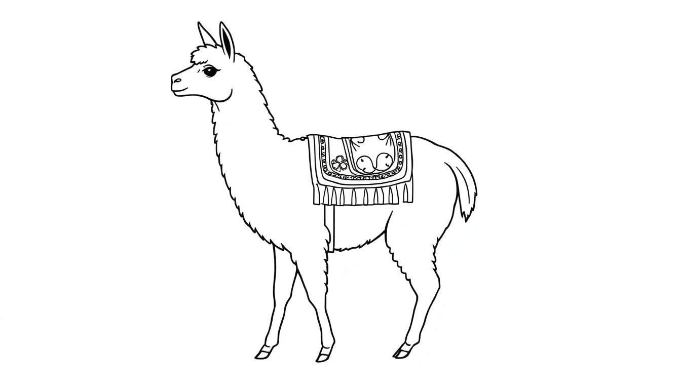 Zwart-wit schets van een lama met een gedetailleerd zadel, klaar om ingekleurd te worden.
