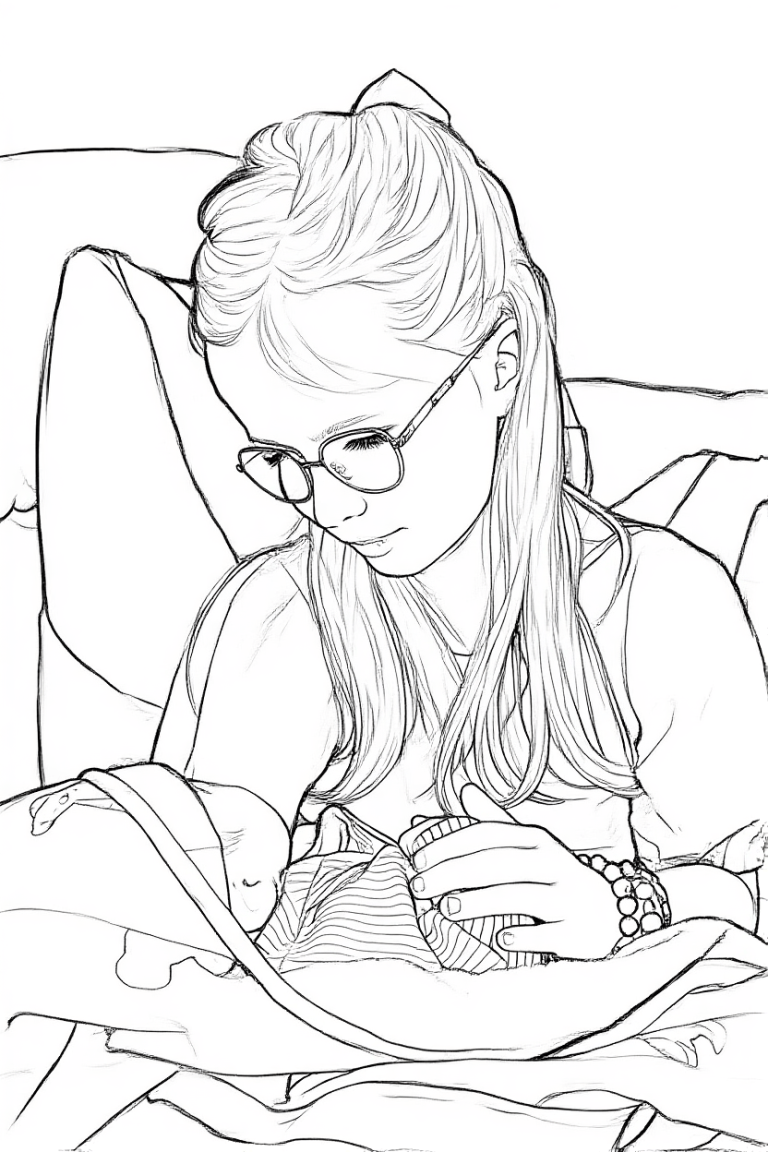 Kleurplaat van een jong meisje met een bril, geconcentreerd aan het breien of haken, zittend tegen kussens.