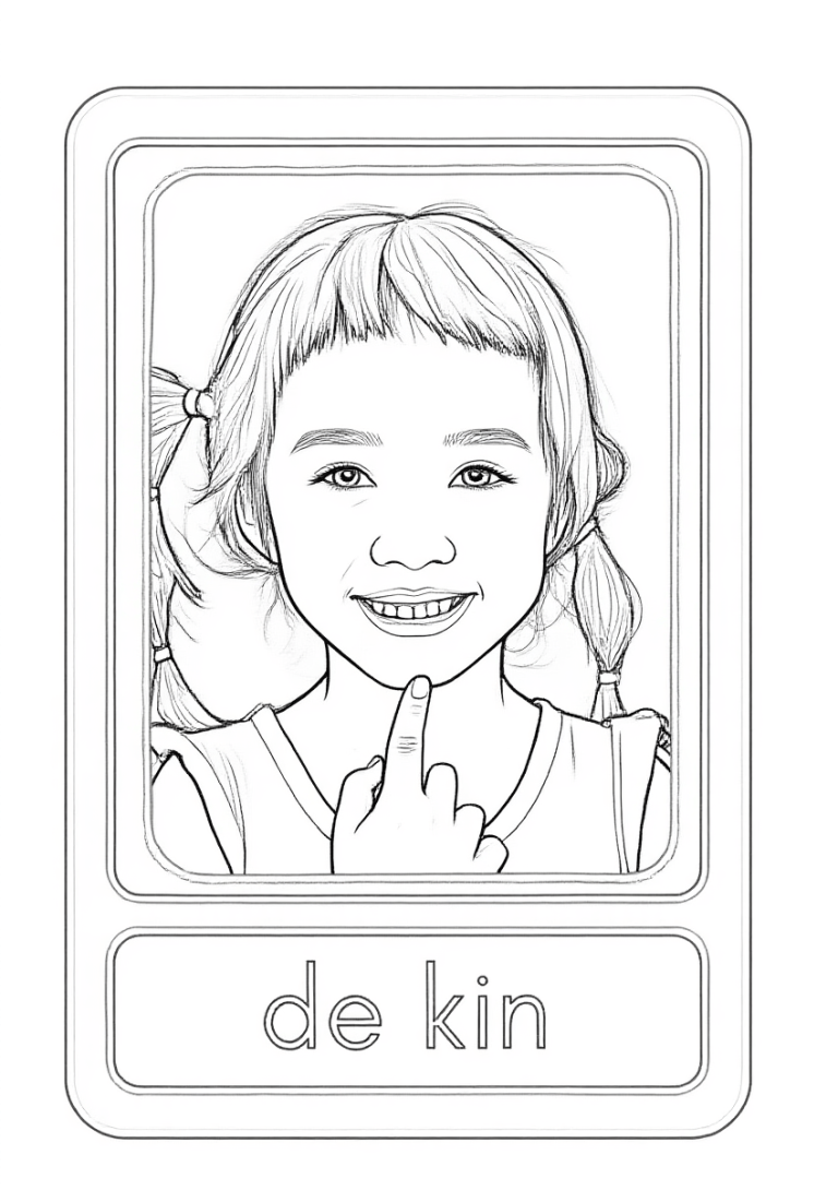 Zwart-wit lijntekening van een vrolijk lachend jong meisje met een pony en twee staartjes, wijzend met haar vinger naar haar kin. Onder de tekening staat het woord 'de kin'.