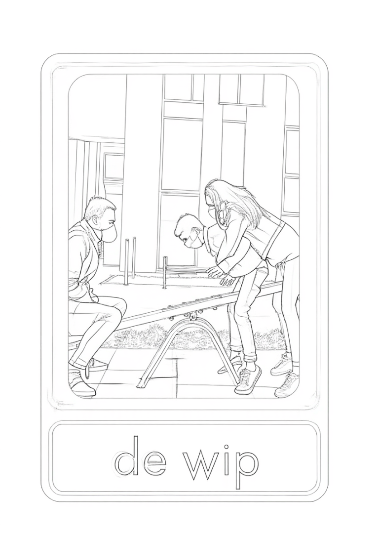 Kleurplaat van drie gemaskerde personen die op een wip spelen in een stedelijke omgeving.