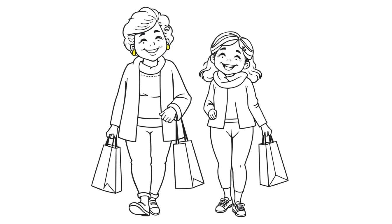 Kleurplaat van een lachende oma met kort haar en een jongere kleindochter met lang golvend haar, beiden met boodschappentassen na het winkelen.