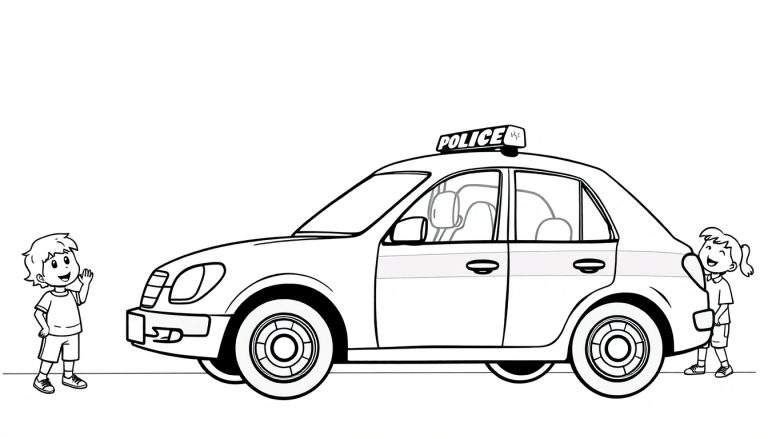 Kleurplaat van een politieauto met een lichtbak met 'POLICE' erop. Een jongen staat links en wuift, een meisje staat rechts en kijkt naar de auto.