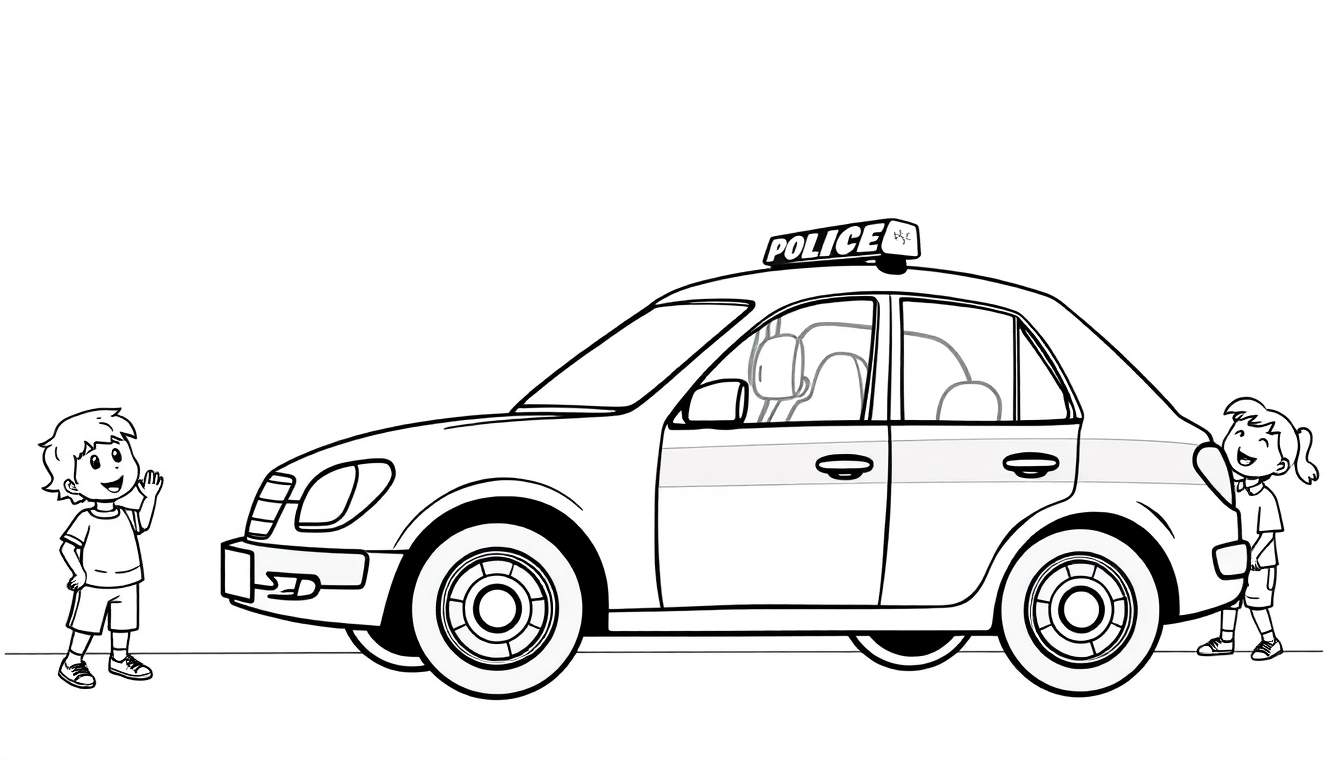 Kleurplaat van een politieauto met een lichtbak met 'POLICE' erop. Een jongen staat links en wuift, een meisje staat rechts en kijkt naar de auto.