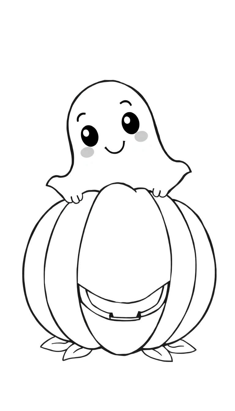 Kleurplaat van een getekend, blij spookje met rode wangetjes dat bovenop een pompoen zit. De pompoen heeft een ongesneden gezicht en er liggen blaadjes aan de onderkant.