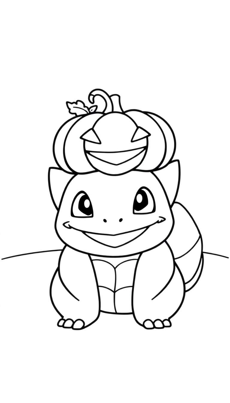 Kleurplaat van Squirtle de Pokémon met een pompoen met een griezelig gezicht op zijn hoofd, klaar om ingekleurd te worden.