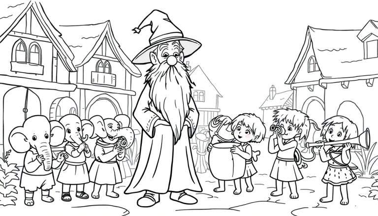 Kleurplaat van een tovenaar met olifantjes en spelende kinderen op een dorpsplein met huisjes.