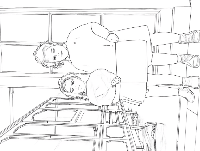 Zwart-wit lijntekening van twee jonge meisjes met krullend haar, gekleed in tunieken en broeken, staand voor grote ramen met spijlen in een kamer met een antieke kast.