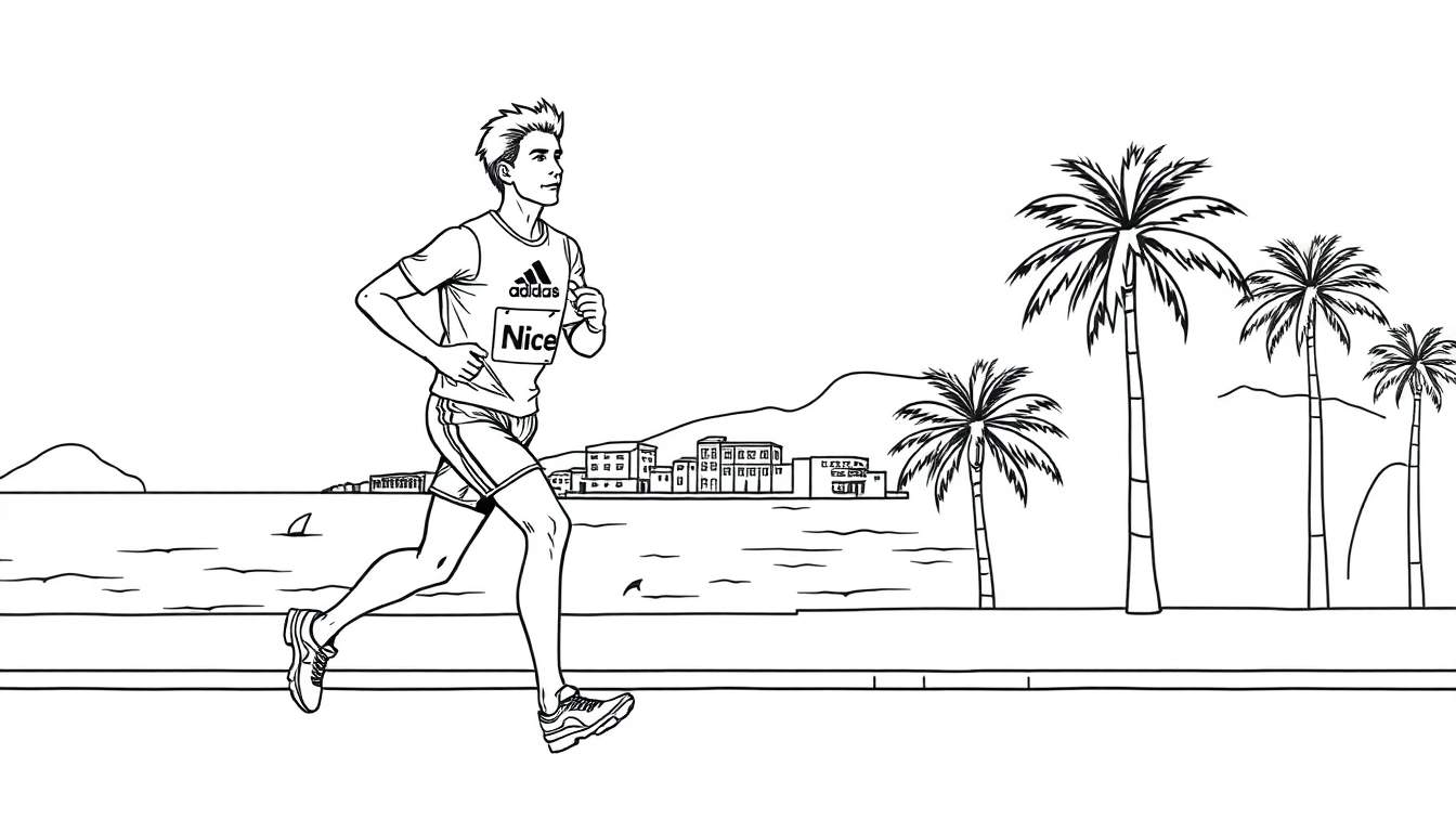 Kleurplaat van een hardloper in Nice met Adidas kleding, palmbomen, zee, gebouwen en bergen op de achtergrond.