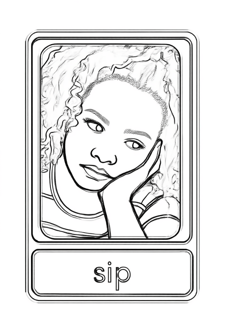 Kleurplaat van een jong meisje met krullend haar en een sip gezichtsuitdrukking, leunend op haar hand en dragend een gestreept shirt.