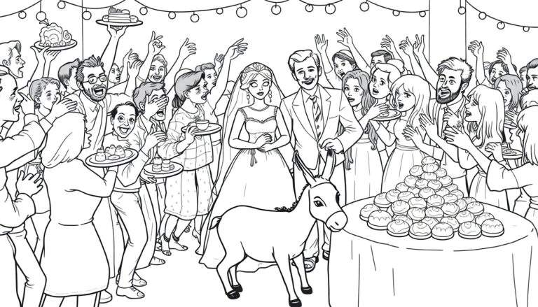 Kleurplaat van een bruidspaar tijdens hun bruiloft, omringd door feestende gasten, slingers met lampjes, een gebakstoren en een ezel.