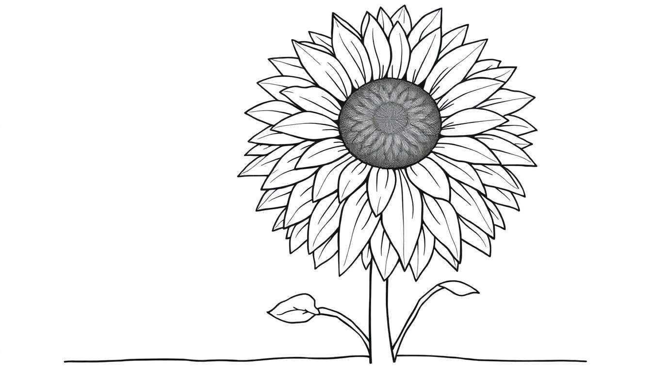 Gestileerde zonnebloem kleurplaat in zwart-wit, met open bloemblaadjes en een gedetailleerd hart, op witte achtergrond met grondlijn.