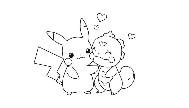 Kleurplaat van Pikachu en Bulbasaur omhelzen elkaar met hartjes eromheen, zwart-wit tekening.