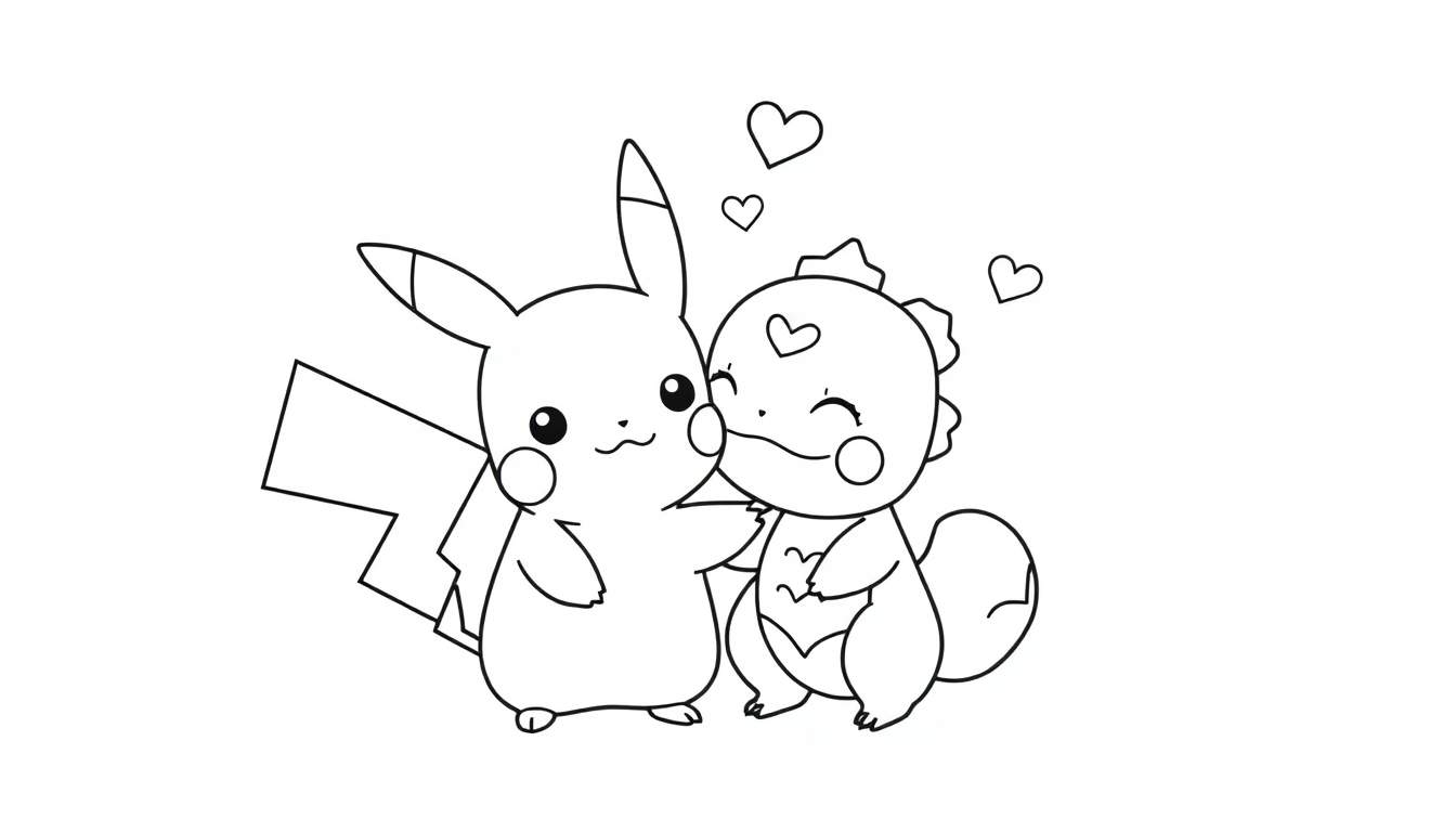 Kleurplaat van Pikachu en Bulbasaur omhelzen elkaar met hartjes eromheen, zwart-wit tekening.