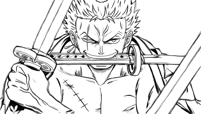 Zwart-witte lijntekening van Roronoa Zoro uit One Piece, met drie zwaarden, een litteken over zijn oog en een vastberaden uitdrukking.