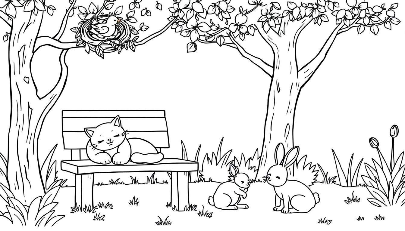 Kleurplaat van een dikke kat die slaapt op een houten bankje in een tuin, met twee konijnen in het gras en een vogel in een nestje in de boom.
