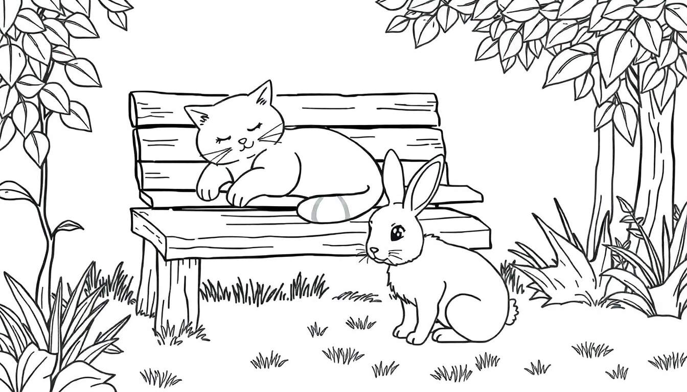 Kleurplaat van een schattige kat die slaapt op een tuinbankje, naast een wakker konijn dat kijkt. Bomen en gras zijn zichtbaar.