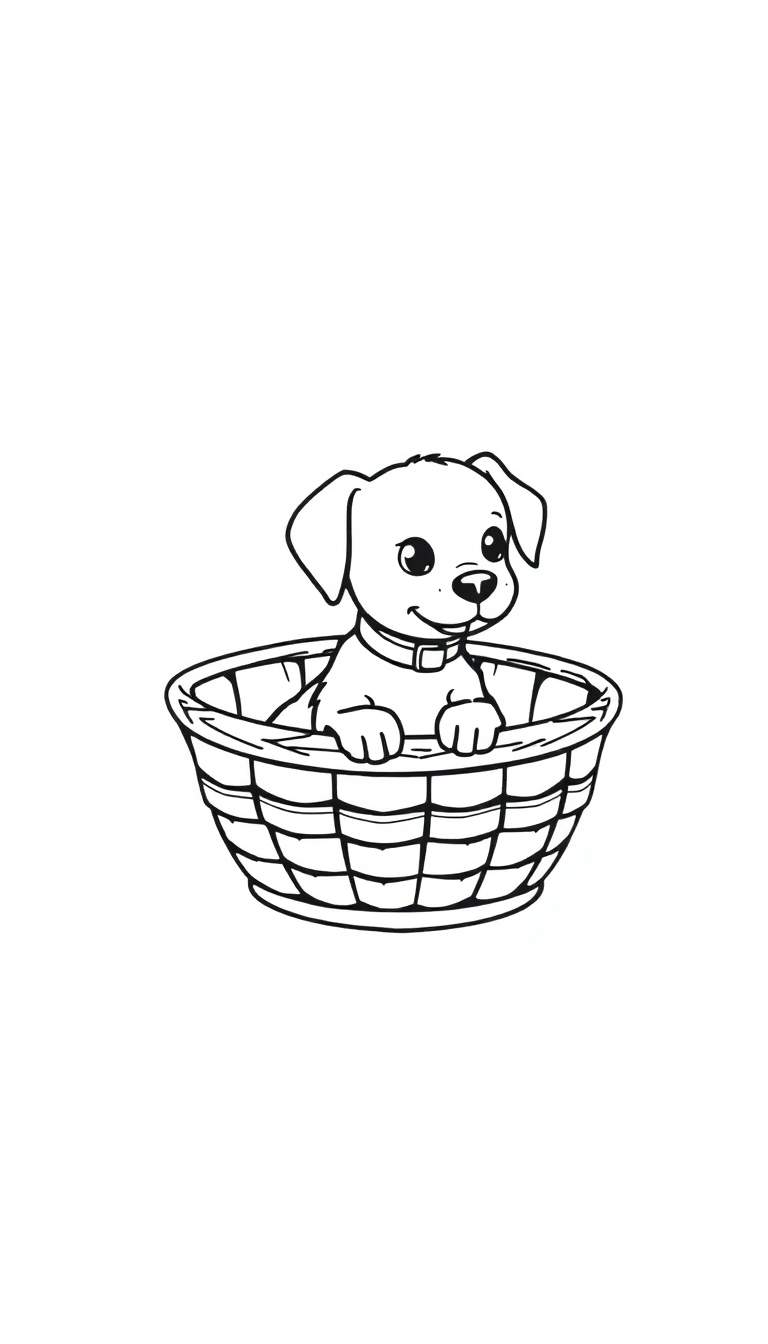 Zwart-witte kleurplaat van een schattige puppy in een mandje, met grote ogen en rustende pootjes.