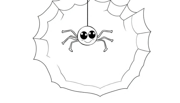 Zwart-wit kleurplaat van een schattige spin die aan een spinnenweb hangt met grote ogen en een glimlach.