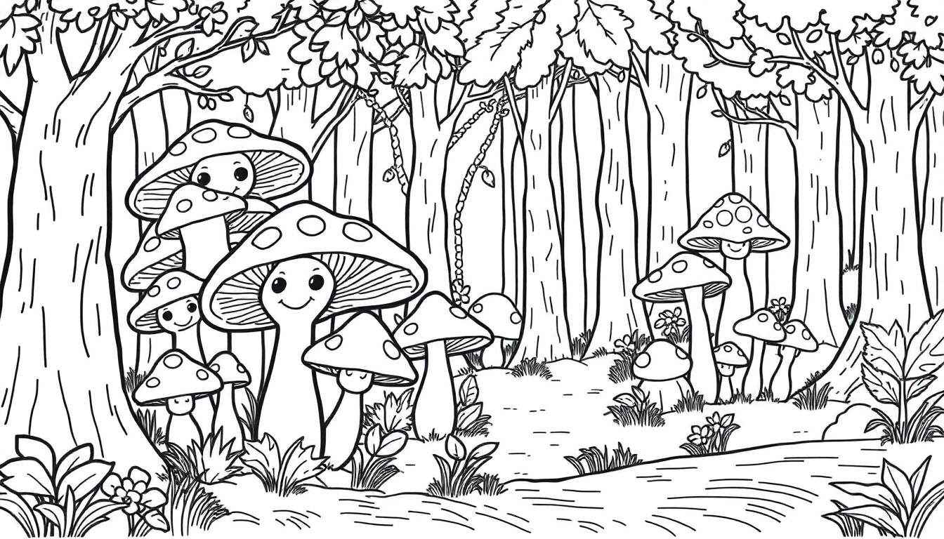 Kleurplaat van een sprookjesachtig herfstbos met lachende paddenstoelen, bomen, gras en bloemen, met een touw vol blaadjes tussen de bomen.