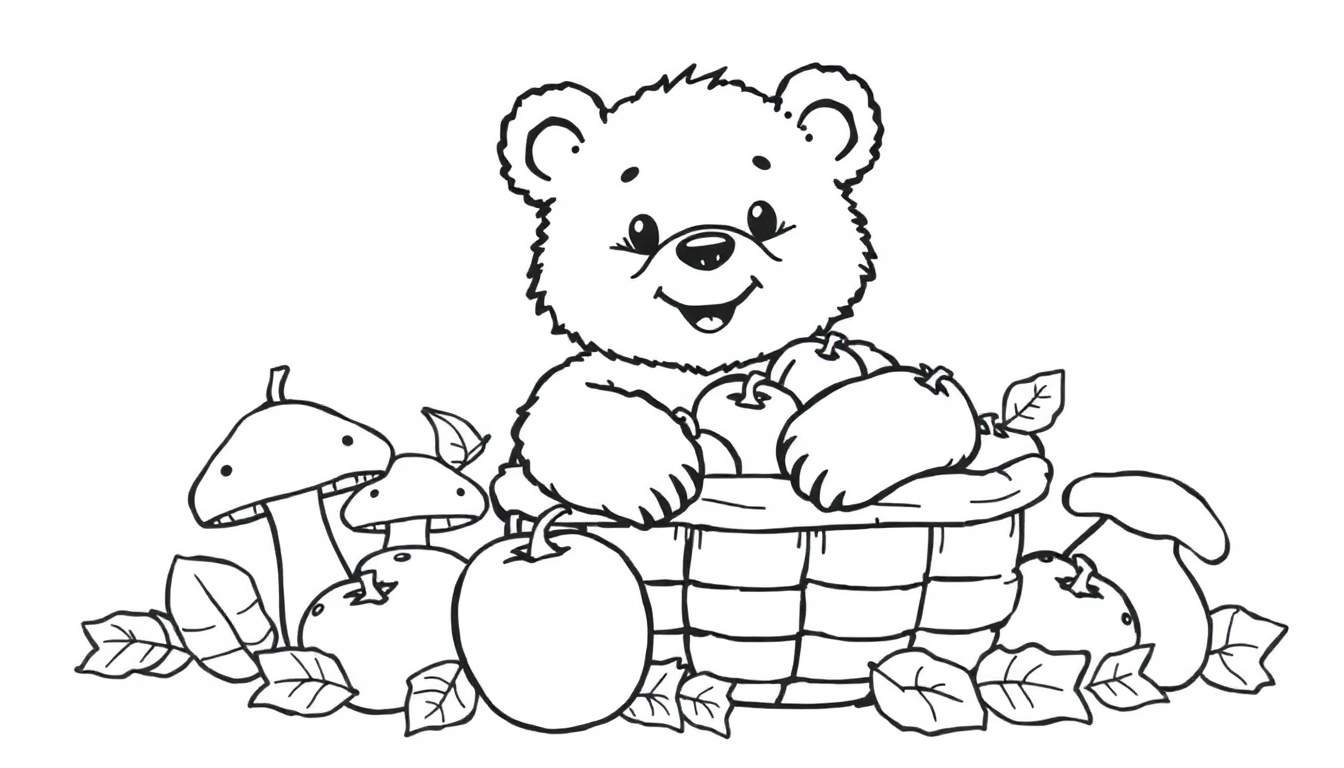 Kleurplaat van een lieve teddybeer die achter een mand met appels zit, met paddenstoelen en herfstblaadjes eromheen.