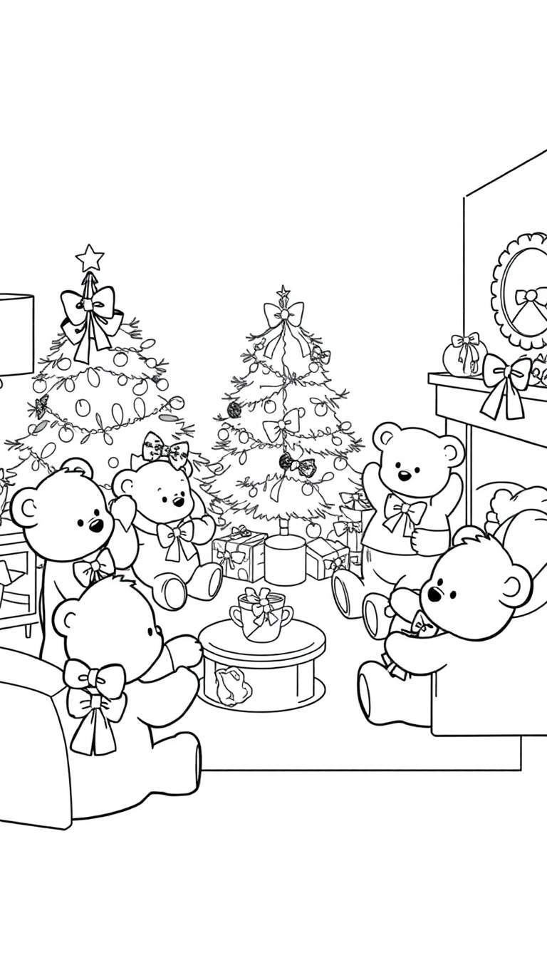 Kleurplaat van schattige teddyberen die een kerstfeestje vieren in een gezellige woonkamer met kerstbomen en cadeaus.