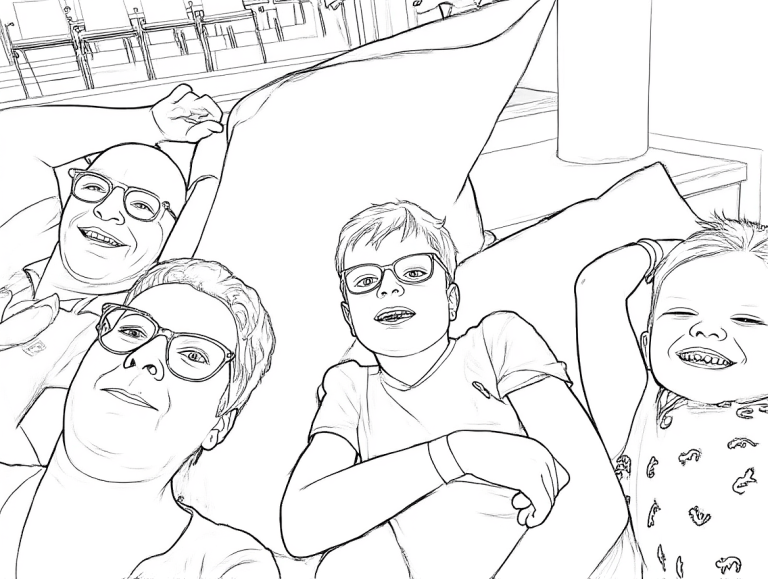 Kleurplaat van een familie die een selfie maakt, met lachende volwassenen en kinderen.