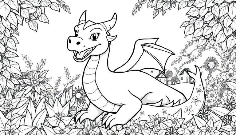 Een vrolijke, glimlachende draak met hoorns en gevouwen vleugels, zittend te midden van een weelderige tuin vol sterachtige bloemen, zonnebloemen, klimplanten en bladeren. Op de achtergrond zijn kleine huisjes te zien.